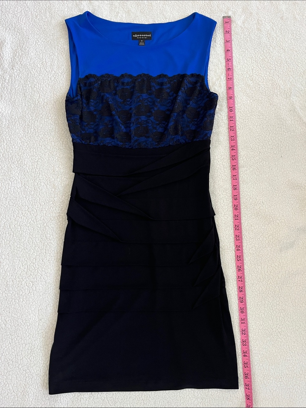 Connected Apparel Cobalt Blue Bodice with Black Lace & Black Sheath Dress
